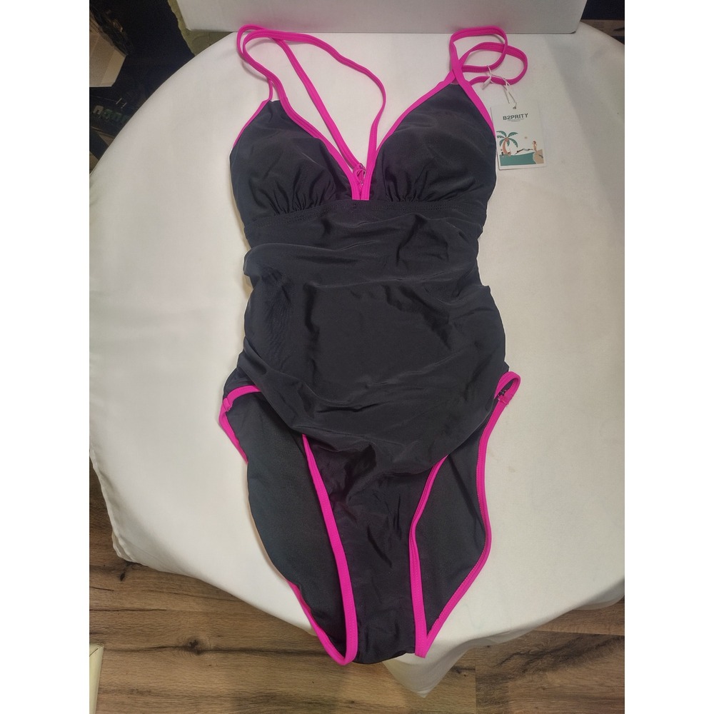B2PRITY Women Black Pink Tummy Control One Piece Swimsuit V Neck Size S NWT